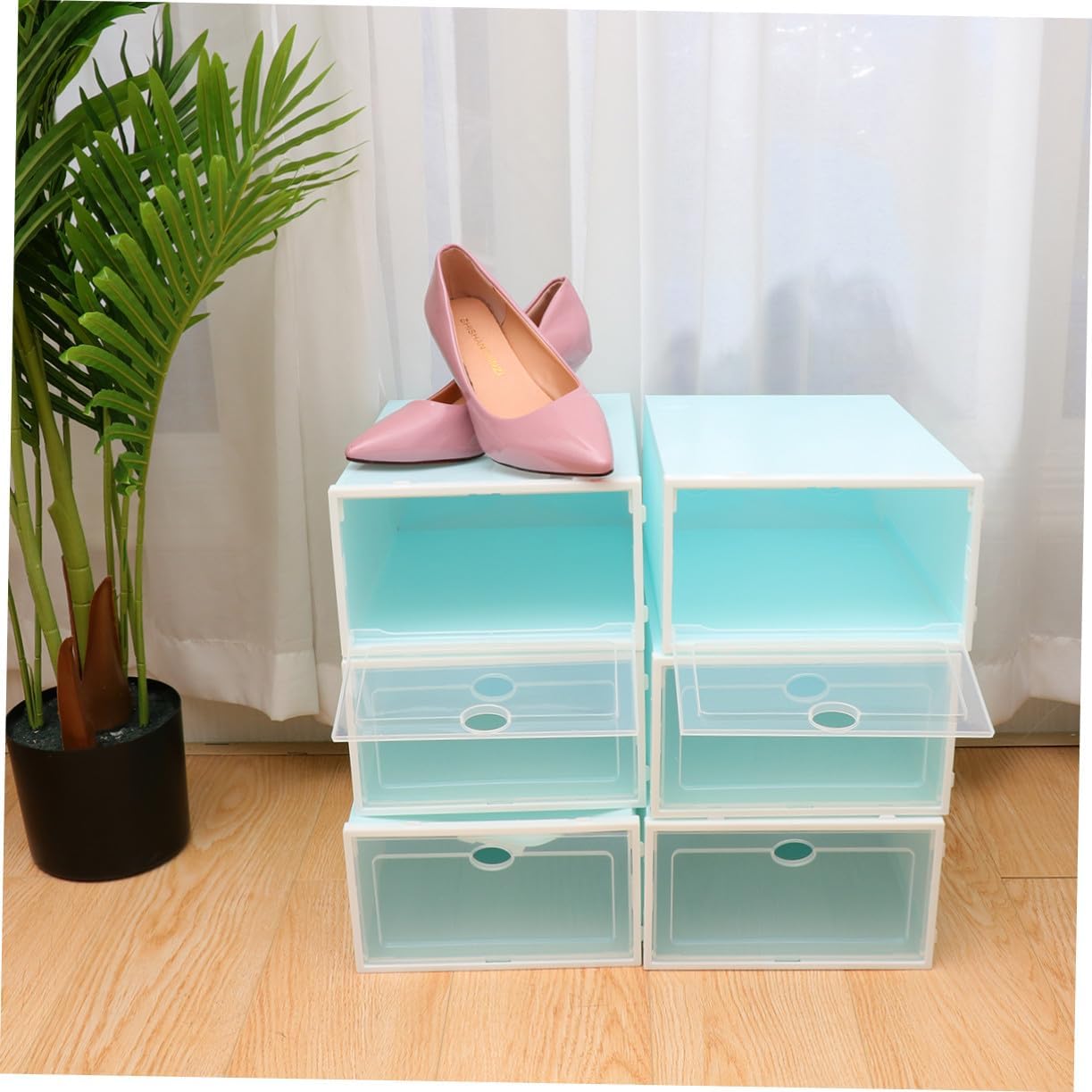 6PCS Thicken Transparent Shoe Storage Boxes with White Frame for Women Stackable Plastic Shoe Containers for Closet Organization for High Heels and Boots