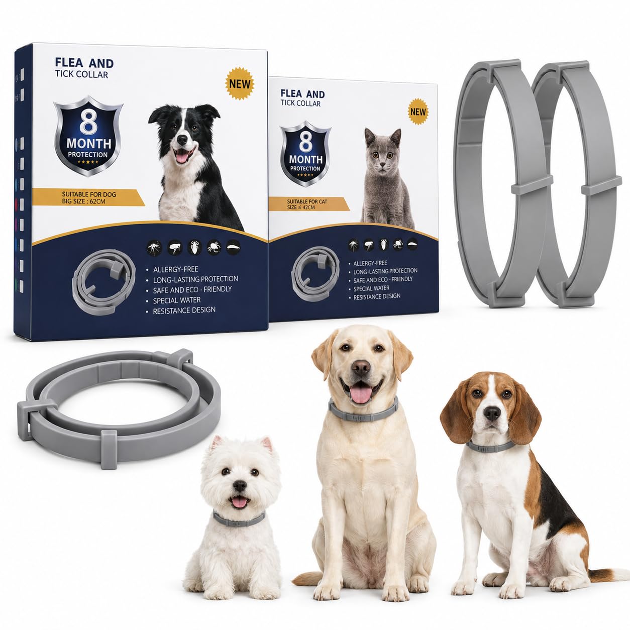 Adjustable Dog Collars, Grey 62 cm Neck Bands, Small to Large, 2-Pack