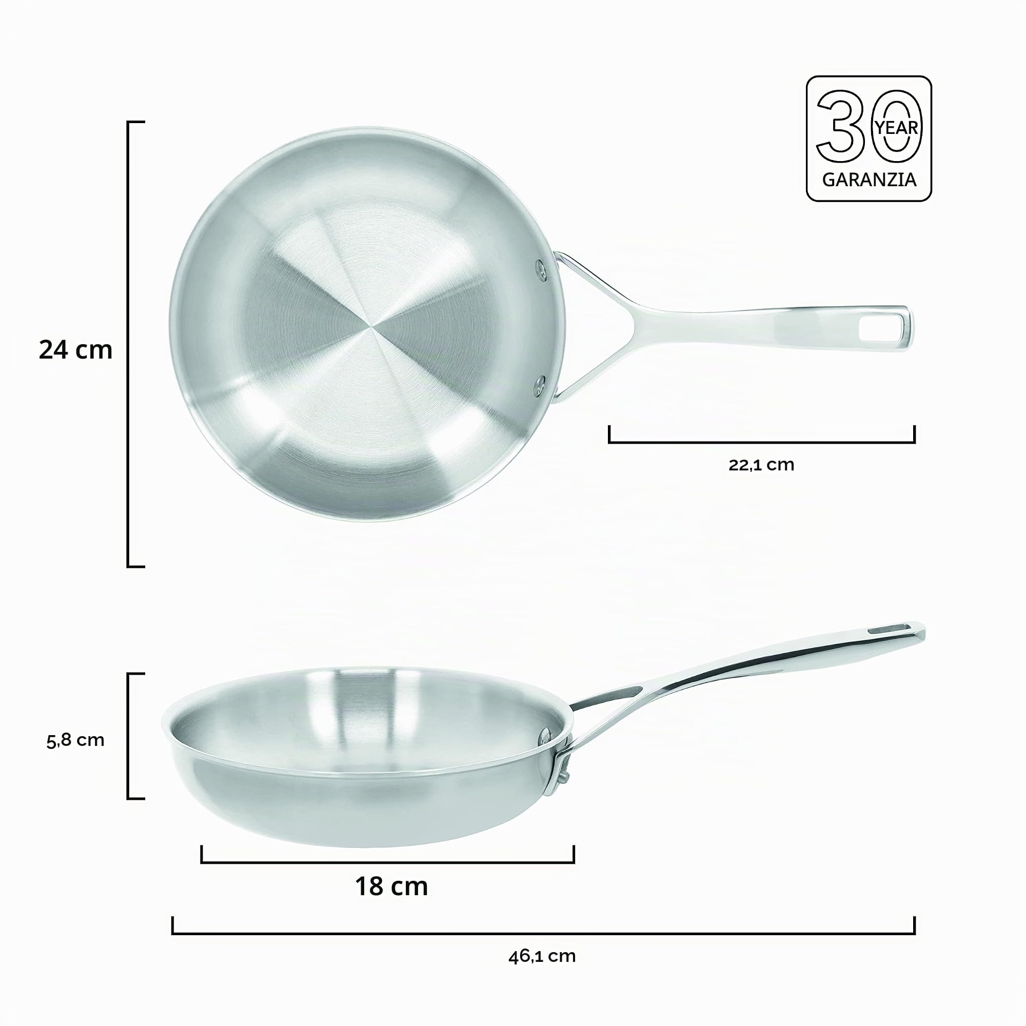 DEMEYERE Padella acciaio inox Essential 5, compatibile con tutti i fornelli e piastre induzione. Efficienza energetica, rapida conduzione di calore, garanzia 30 anni - Ø 24 cm