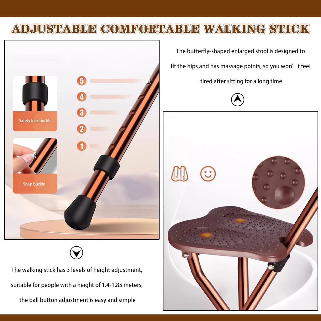 Bastón Bastón Extensible Silla con Muleta De Altura Ajustable, Taburete De Caña con Asiento En Forma De Mariposa, Andador Ligero Portátil, con Luz LED(Brown Color)