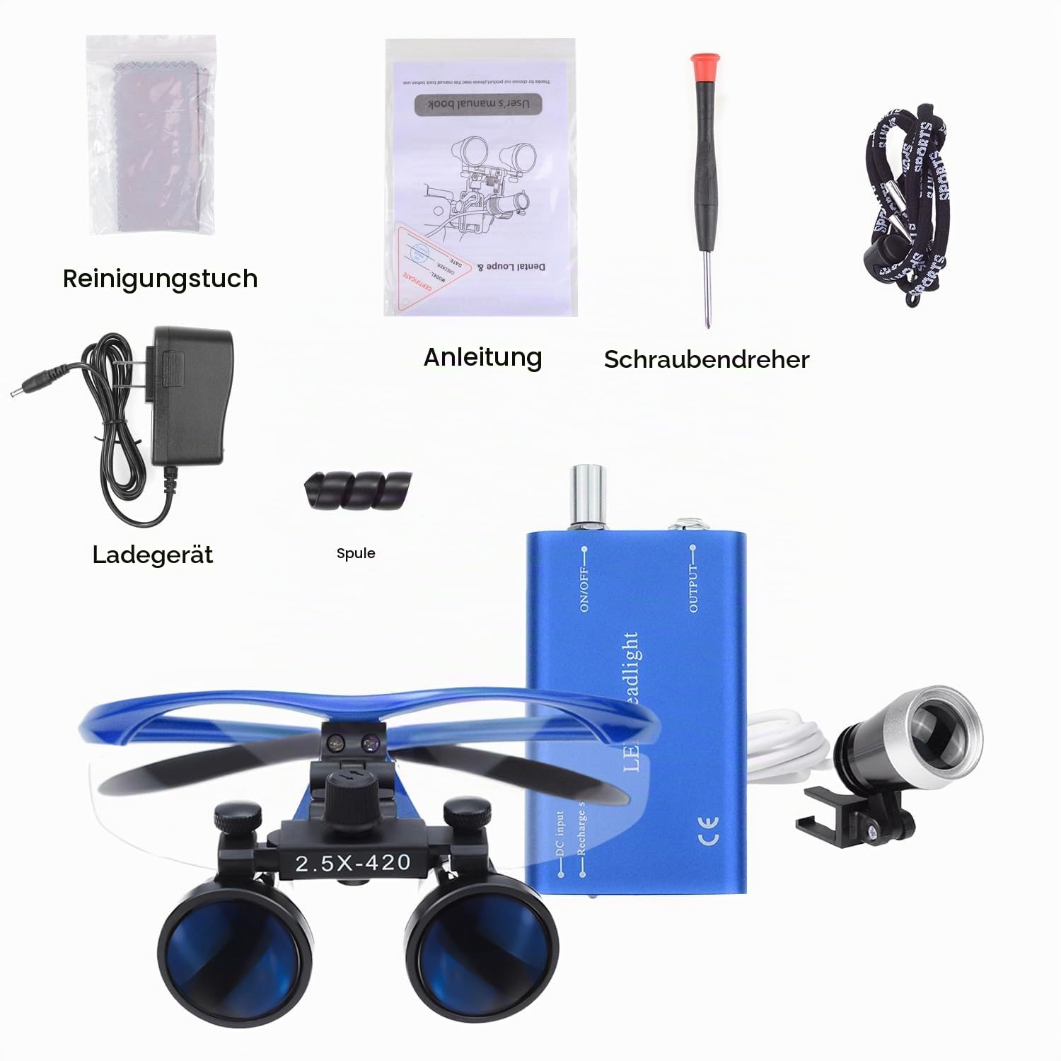 2.5x420mm Zahnarzt Lupenbrille Kopflupe LED Scheinwerfer Dental Loupes mit schwarzem Tuch Tasche (Blau)
