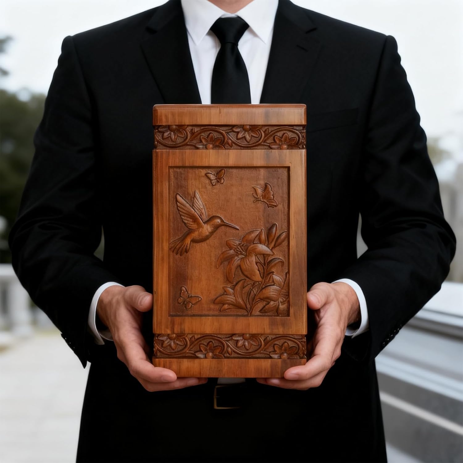 Cremation Urn for Human Ashes Adult Female Male, 250lbs Large Engraved Wooden urns, Handcrafted Solid Wood Memorial Urn Box for Men Women, Hummingbird Burial Funeral urns
