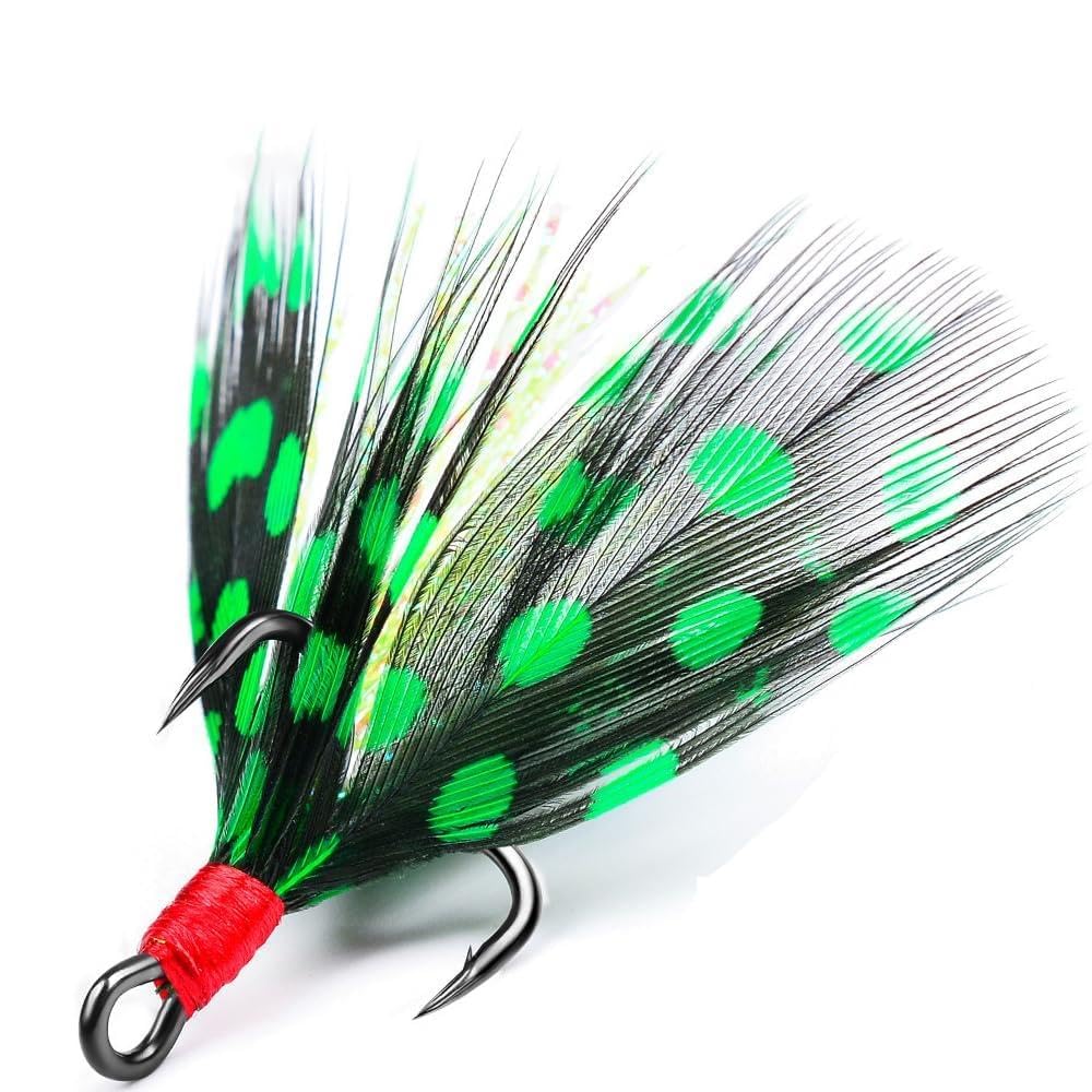 Feather Fishing Hooks, 10Pcs High Carbon Steel Treble Hooks with Barbs for Saltwater Freshwater