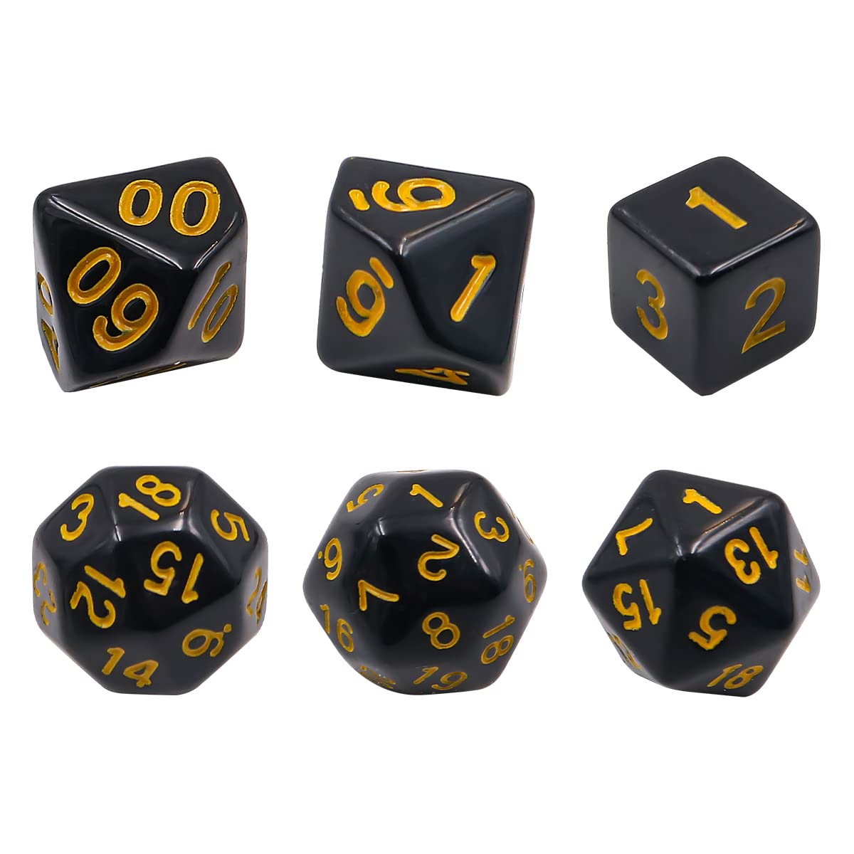DollaTek Set completo di dadi poliedrici D3-D100, 15 pezzi, per giochi di ruolo, da tavolo, neri e gialli
