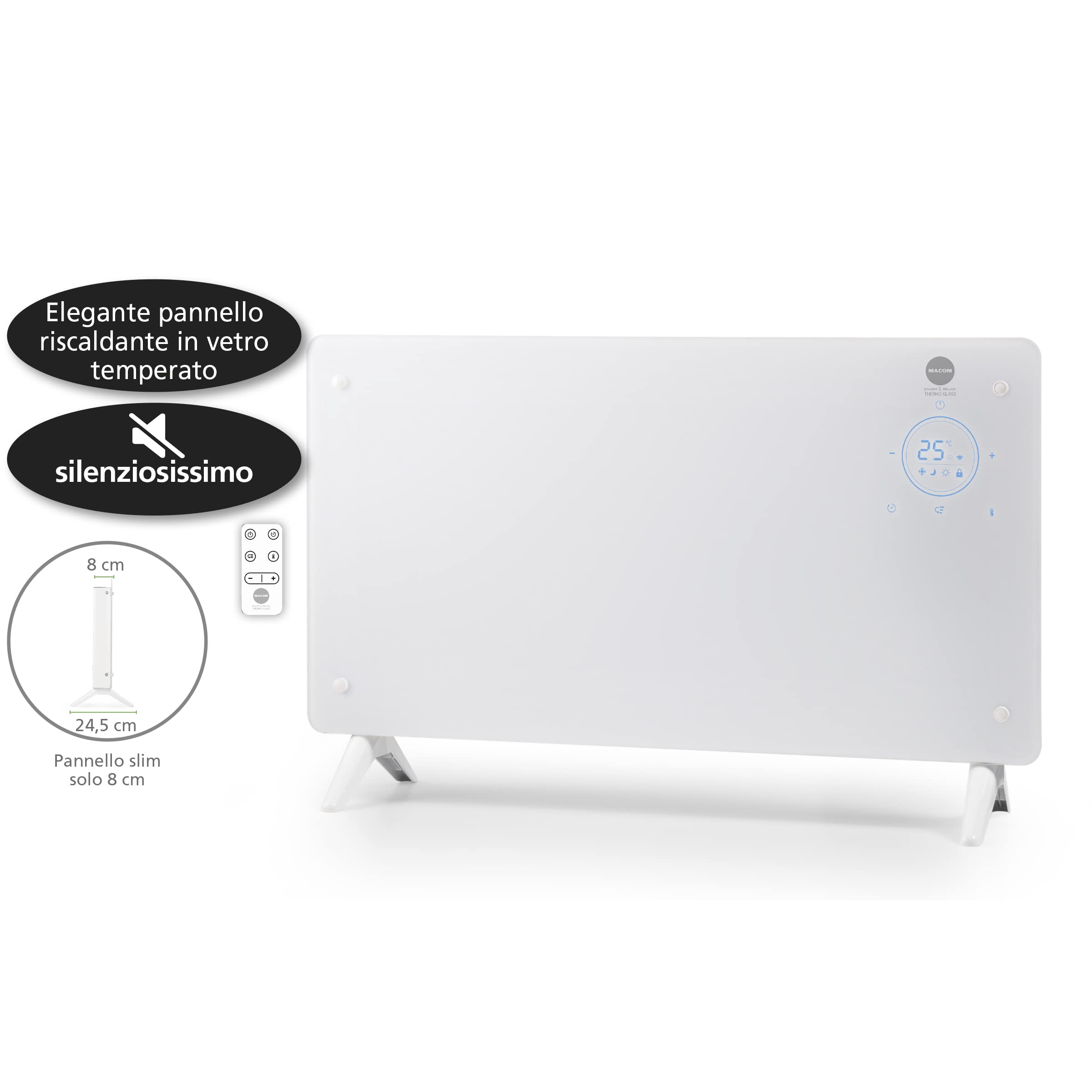 MACOM, Elegante Termoconvettore in vetro temperato,riscaldamento rapido, 1000/2000 W, Tlc, timer 24h, termostato ambiente, montaggio a parete con staffe in dotazione, Enjoy & Relax 937 Thermo Glass