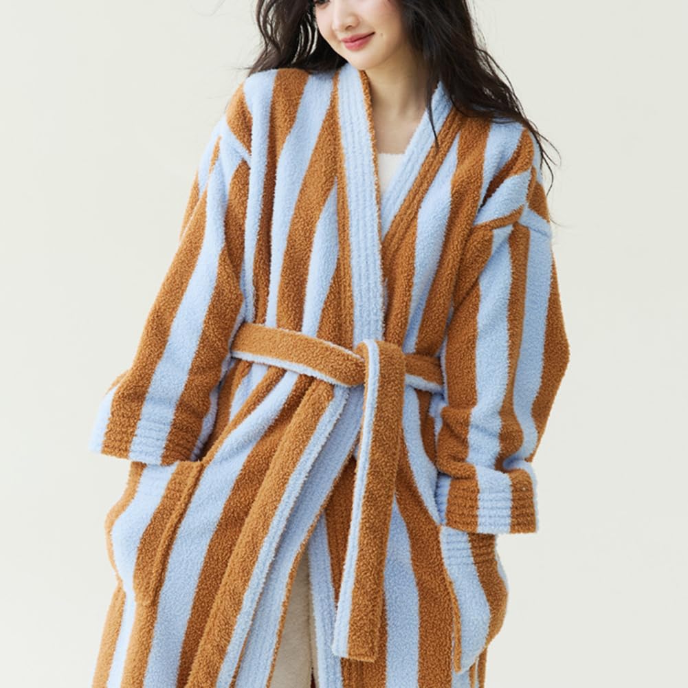 Herren/Damen Schlafmantel Weich und Saugfähig Dicker Korallen-Plüsch-Fleece Bademantel mit Muster Nachtwäsche Extralang Handtuch-Bademantel im Kimono mit Taschen