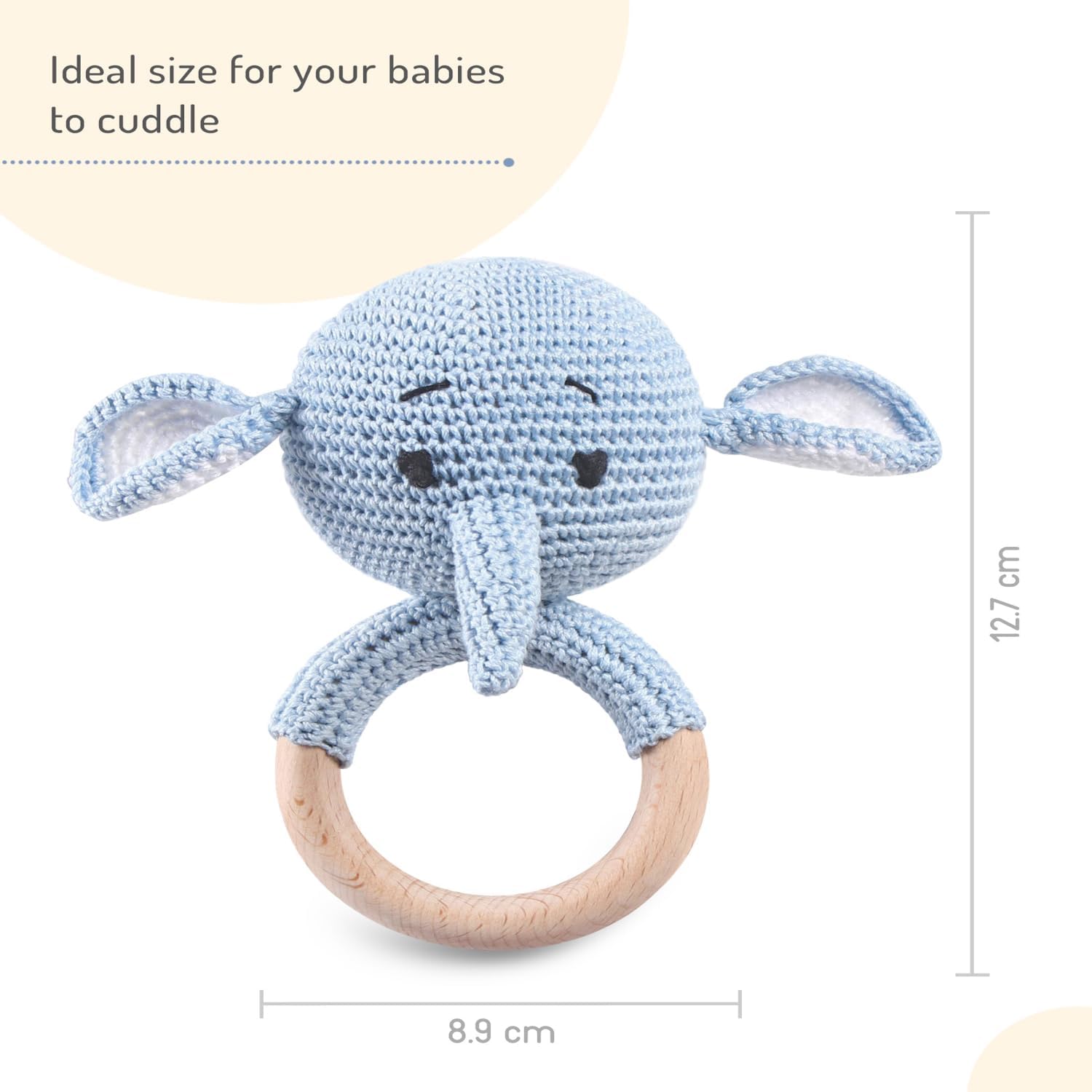 Bonfino Premium Elephant Wooden Ring Rattle–Crochet & Natural Wood Baby Rattle for 0-2 Years Girls&Boys,Safe&Durable,Non-Toxic Sensory Toy for Newborns&Toddlers,Yellow,BIS Certified,Birthday Gift,Blue