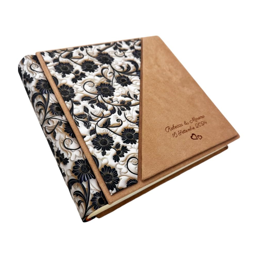 Álbum de fotos artesanal de tela estampada 3D y alcántara, personalizable con grabado, clásico con papel de seda, para boda, cumpleaños, boda, aniversario, comunión, eventos (Desierto/Negro)