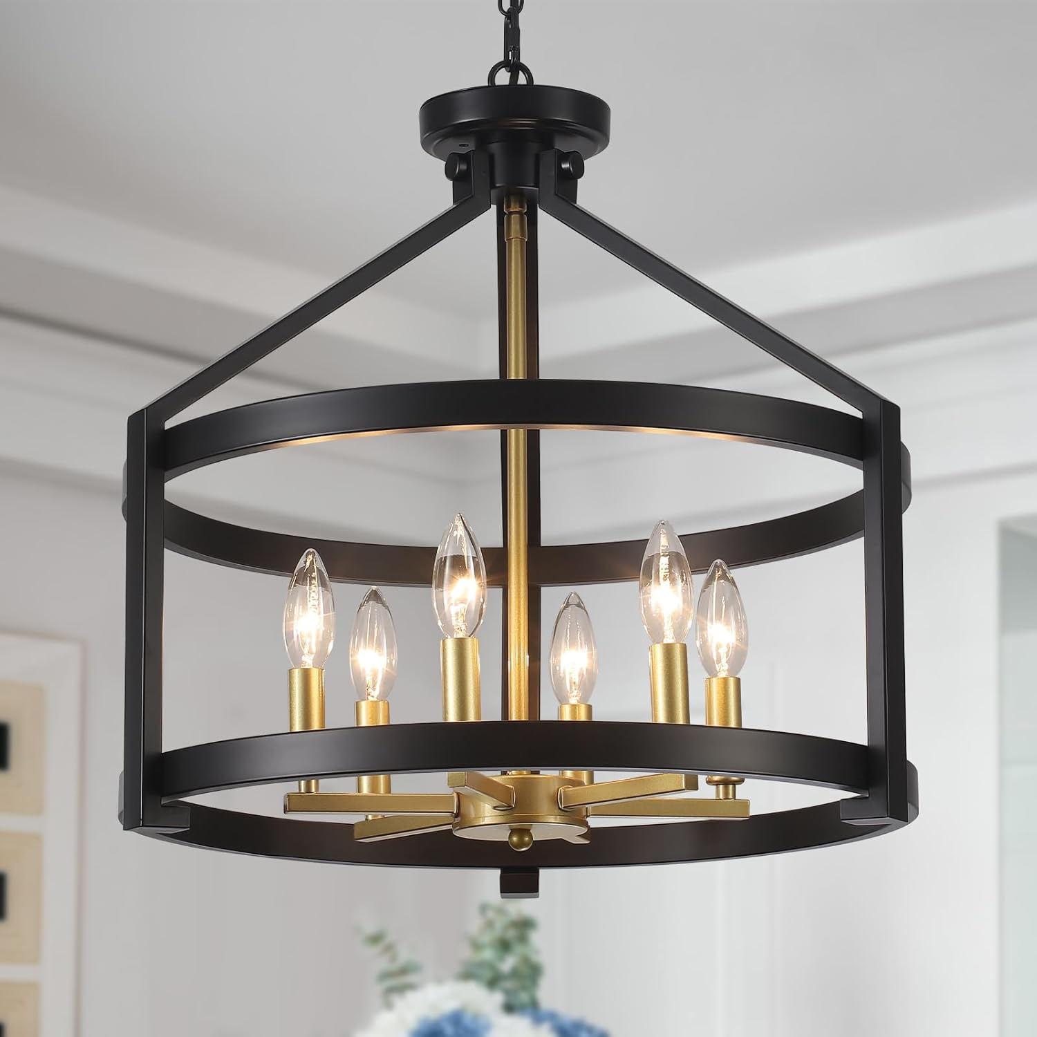 6-Light Black and Gold Farmhouse Chandelier, Large Iron Lantern Pendant Light Rustic Cage Adjustable Height, E12 Base Industrial Hanging Lights for Kitchen Island Dining Room Hallway Foyer Entryway