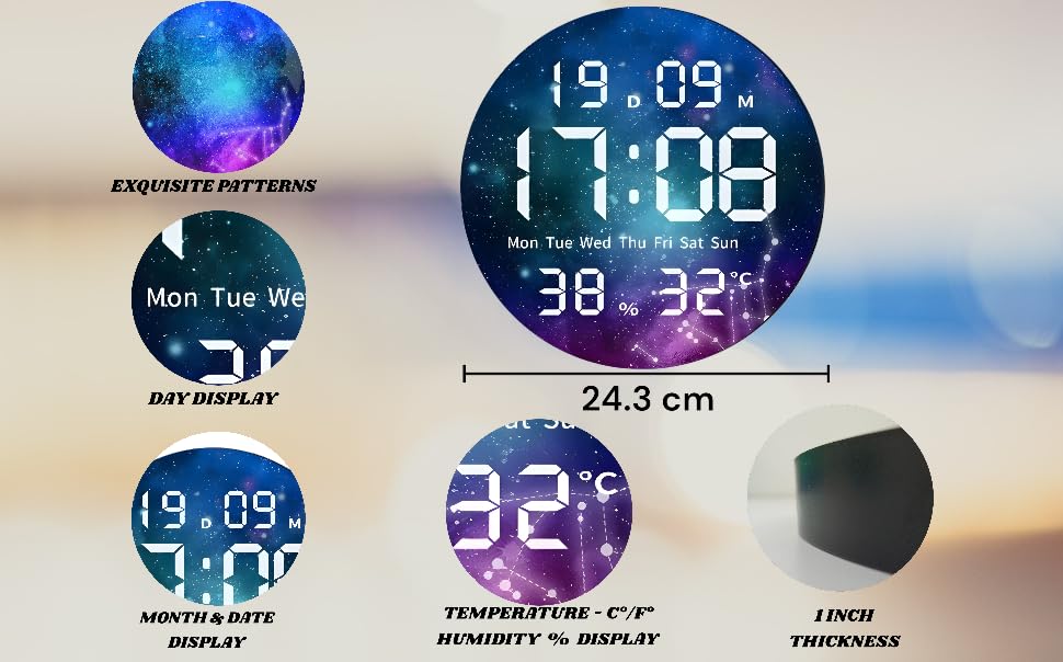 Image of Amazon Brand - Umi Galaxy Design Digital LED Wall Clock USB Tabletop Picture Clock Time Date Day Month Temperature & Humidity 12 /24 Hour Format Modern Decorative Clock for Living Room Bedroom Office