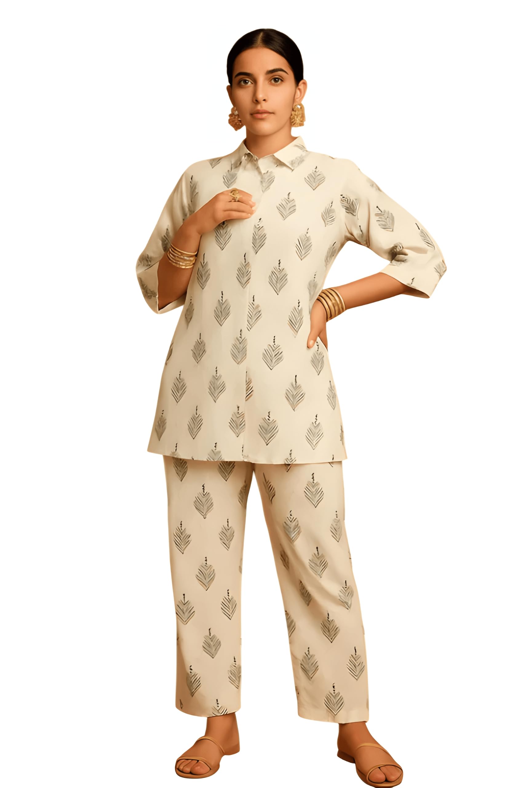 Men's Co-ord Set, Off-White, Free Size Fits S to XL, Cotton Blend, Ethnic Leaf Block-Style Print, Shirt and Pants, Short Sleeve, Relaxed Fit-picture-17