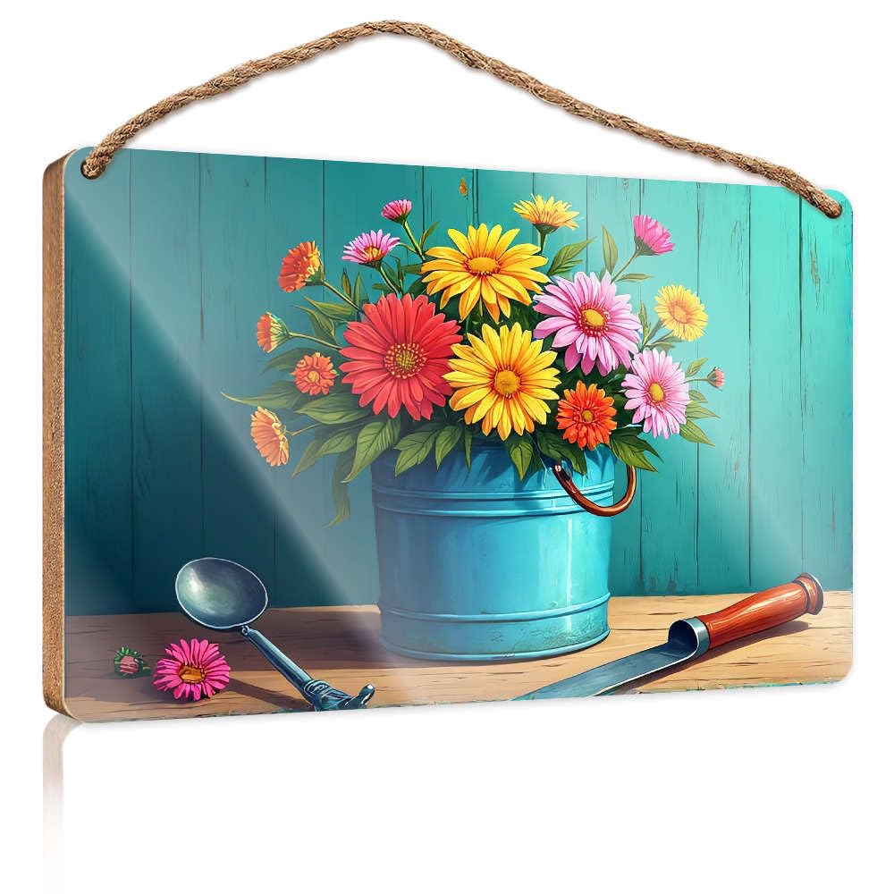 Sign Wooden Hanging A Vibrant Bouquet Of Colorful Flowers In A Blue Bucket. Gift For Boss Woman The Room Decorations(15X28CM)