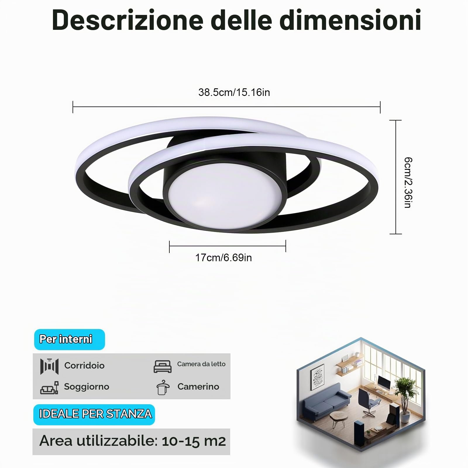Plafoniere da Soffitto Dimmerabile, 39W 4387LM Plafoniera LED Soffitto Moderno, con Telecomando/APP 3000K-6500K, Nera Lampada da Soffitto LED per Soggiorno Camera da Letto Cucina, 38.5CM