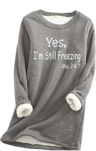Stessotudo Sudaderas divertidas para mujer, manga larga, forro polar, sherpa, camisas de invierno, cuello redondo, casual, cálidas, lindas camisetas