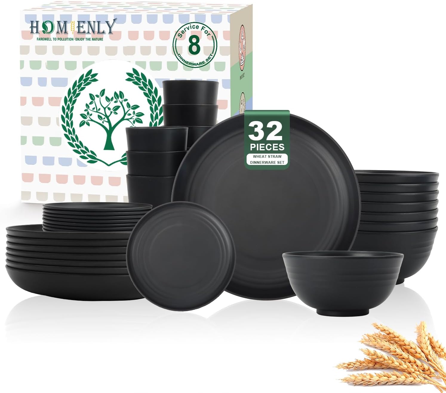 Homienly Wheat Straw Plates and Bowls Sets, Dishes Set for 8, Wheat Straw Dinnerware Set for Kitchen 32-Piece – Deep Plates Sets, Cereal Bowls with Drinking Cups, Microwave and Dishwasher Safe, Black