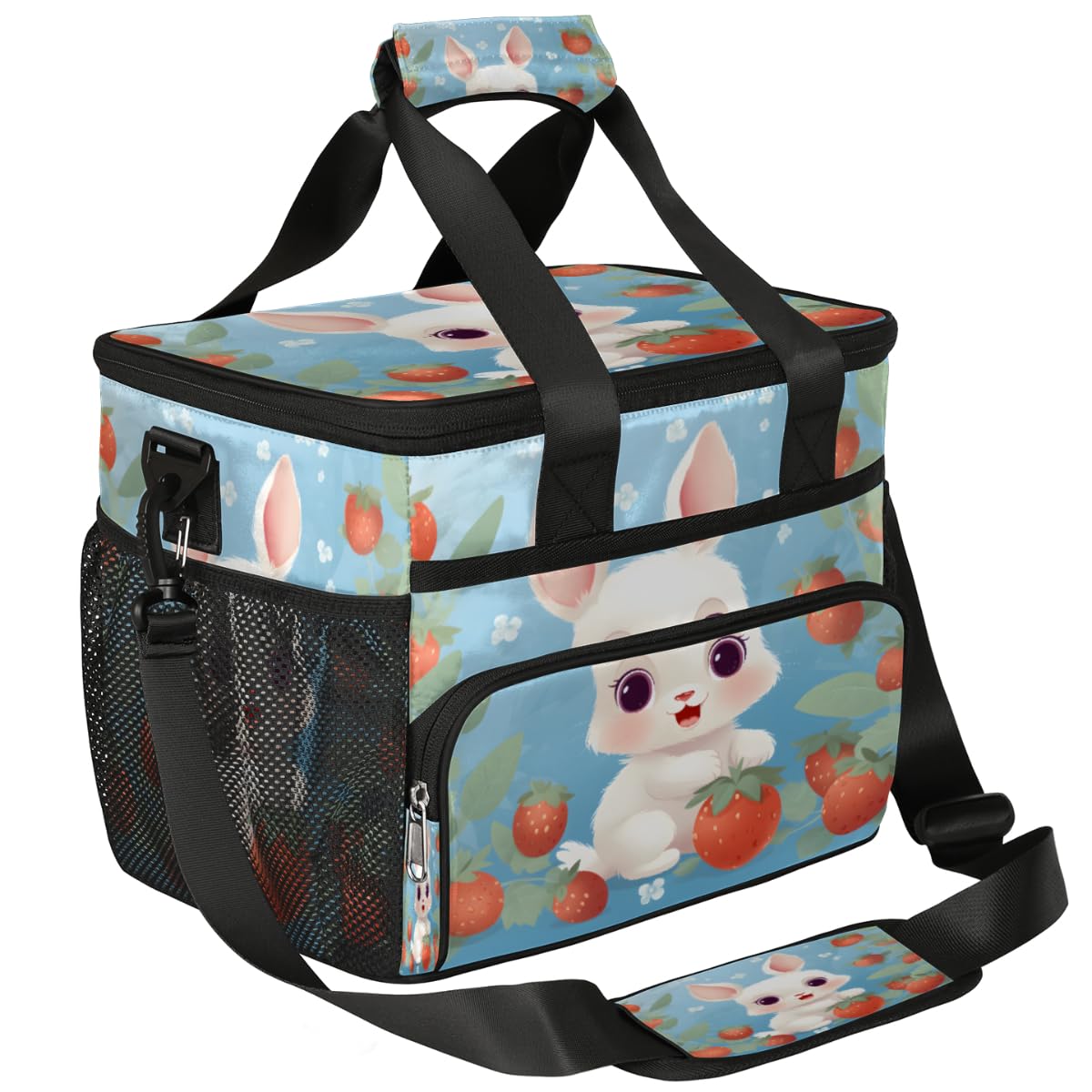 Funny Rabbit Insulated Picnic Backpack Lunch Box for Women Men Picnic Basket Tote Lunch Bag Picnic Bag Portable Lunch Bags for Picnic, Beach, Work, Trip,Office, Camp Rabbit and Strawberry