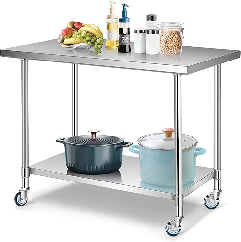 WATERJOY Mesa de acero inoxidable de 48 x 30 pulgadas para preparación y trabajo, mesa de cocina comercial resistente con estante ajustable y ruedas