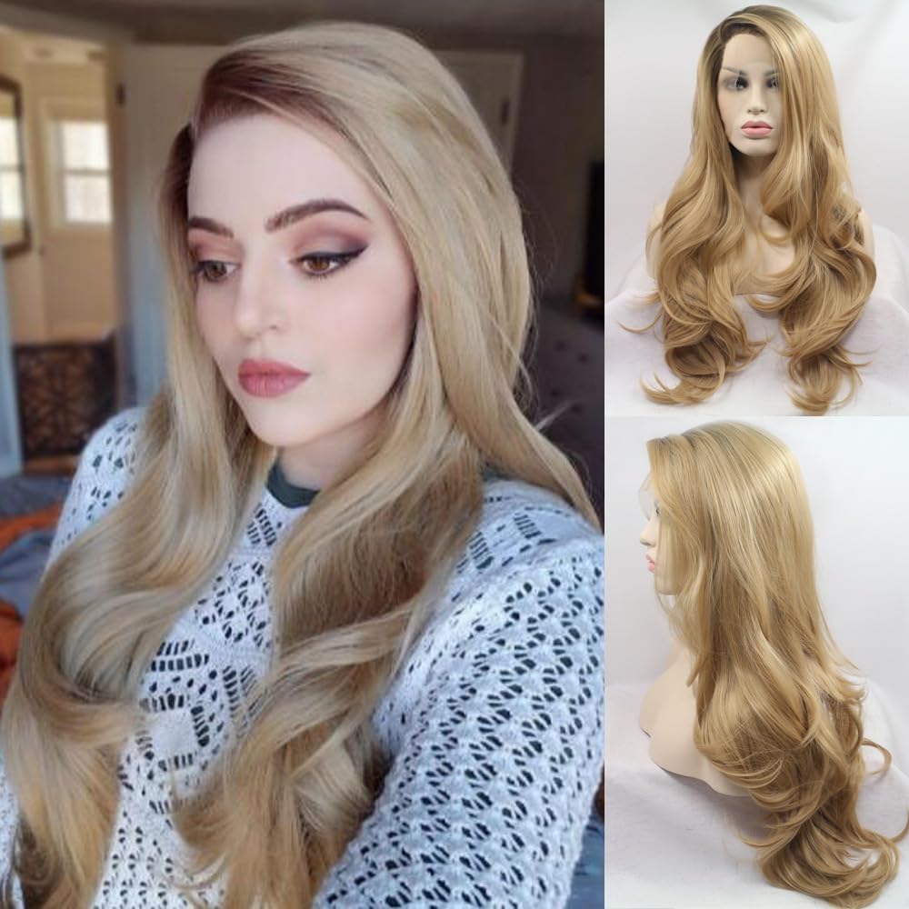 Xiweiya Long Wavy Hair Ombre Blonde Lace Wigs with Light Brown Roots 13x3 Lace Side Part Synthetic Lace Front Wig Heat Resistant Fiber Blonde Wigs for Women Daily Wear 24”