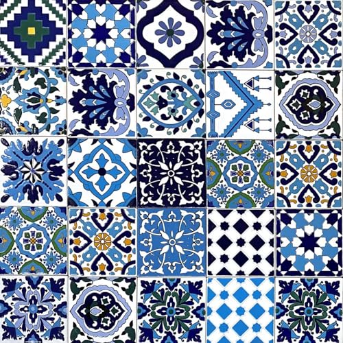 25 Mattonelle Premium Selection in Ceramica Smaltata - Blue Marine - 10x10 cm spessore 0,6 cm - Mattonelle Tunisine realizzate con Serigrafia Artigianale - Adatte a rivestimento
