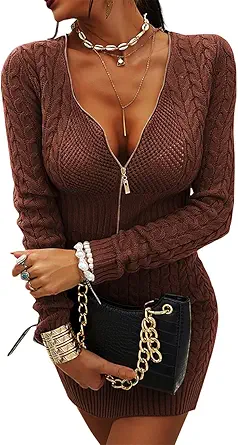 Veatzaer Womens Zipper V-Neck Casual Slim Fit Sweater Dress Long Sleeve Solid Sweaters Knit Mini Dress