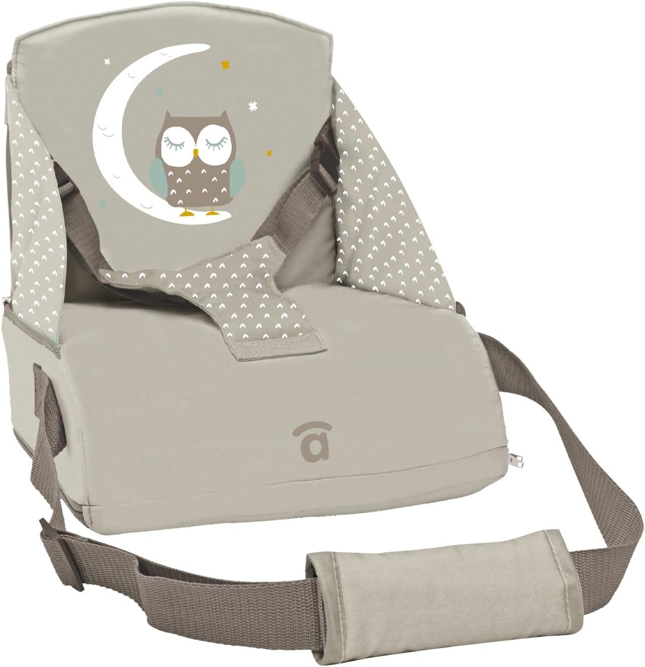 Asalvo BOOSTER CUSCUS Trona de Viaje Portatil para bebés, Asiento elevador para comer, Plegable, Arnés de seguridad, Bolsillo incorporado, Respaldo 25 cm, Desde 6 meses hasta 15 kg (Búho)