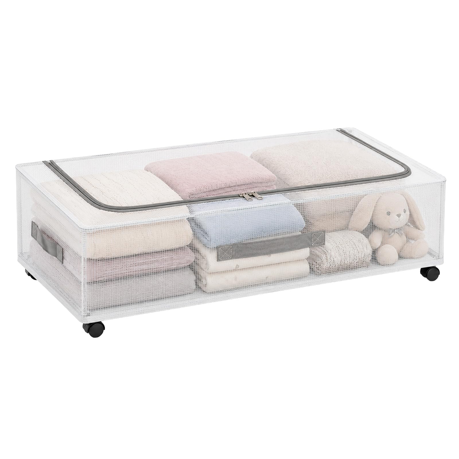 evergoods Under Bed Storage Containers with Wheels, Clear PVC Rolling Storage Bins with Metal Frame, Foldable Under Bed Organizer for Clothes, Blankets, Shoes, Space Saving Storage Box (60×30×15cm)
