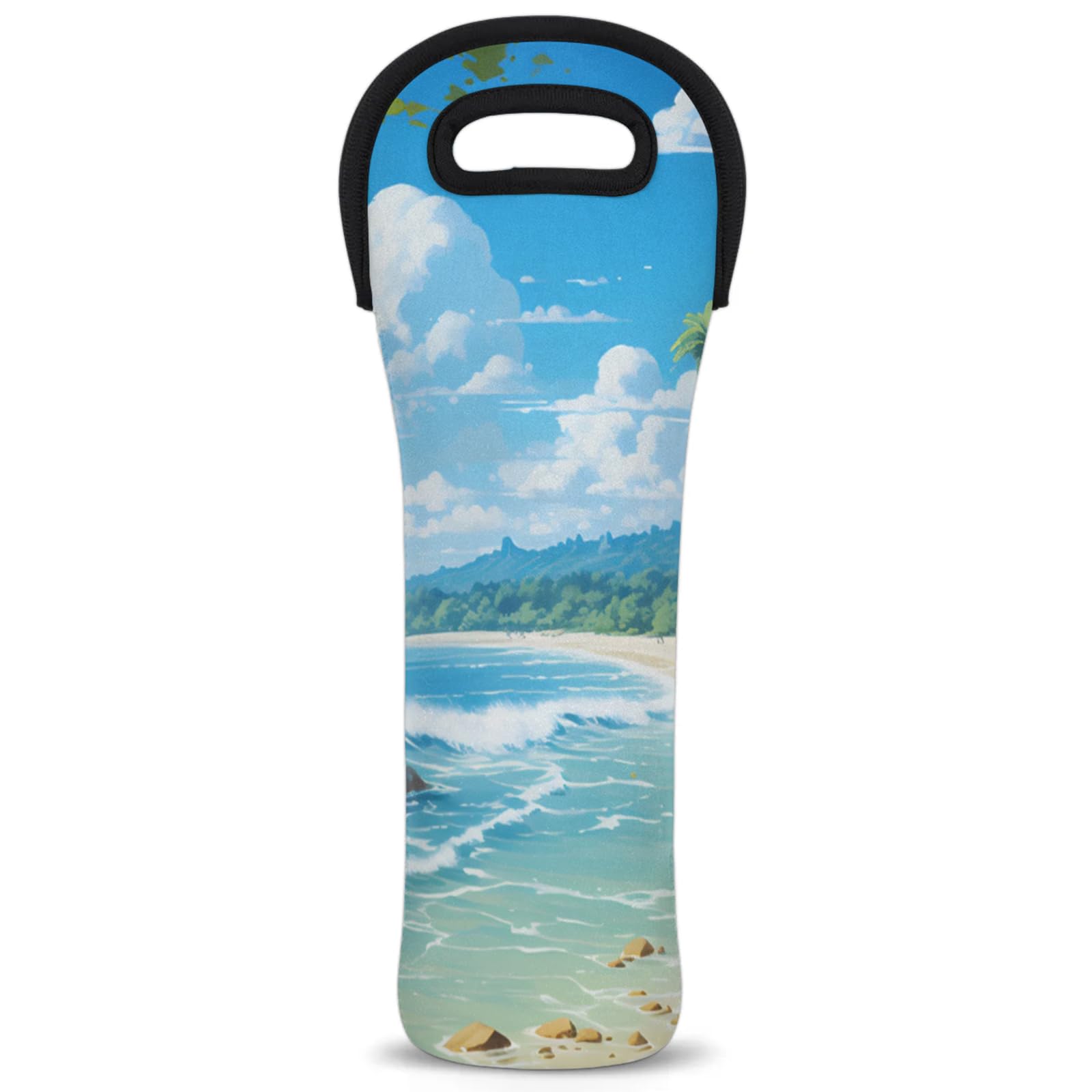 Neoprene Wine Tote Carrier Bag for Wine,Water, Champagne, Beer, Baby Bottles 15.6 x 5.1 Inches, Protective Wine Bag,Beach Landscape