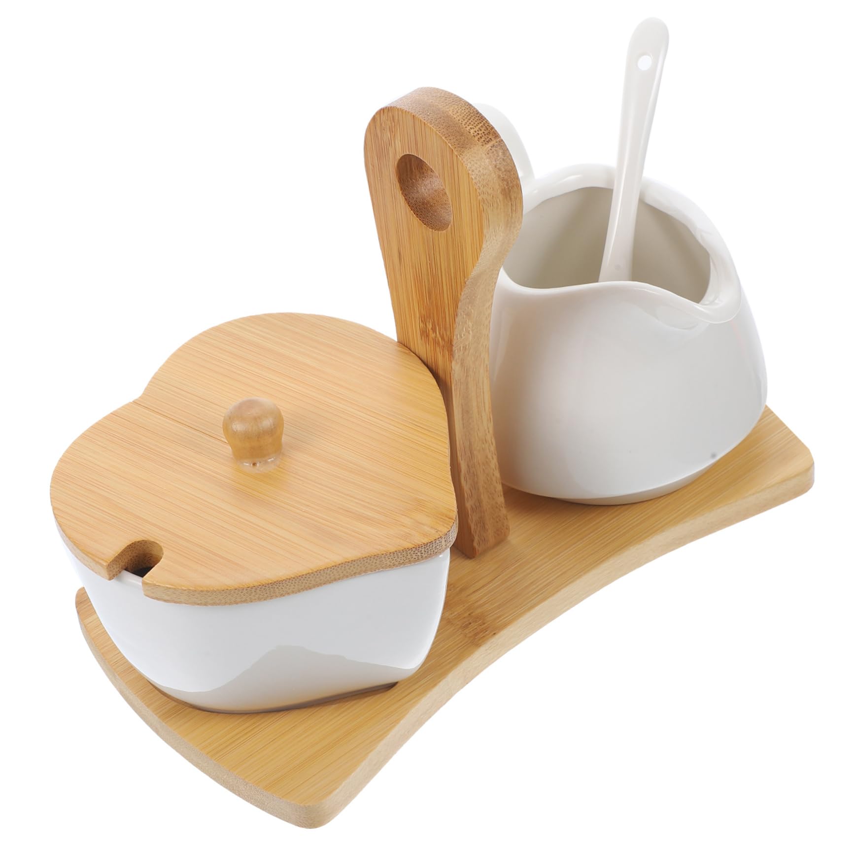 Amosfun Azucarero y Jarra De Crema De Cerámica con Bandeja y Cuchara De Bambú Conjunto para Hogar y Hotel Diseño Simple Material Cerámico Premium para Té