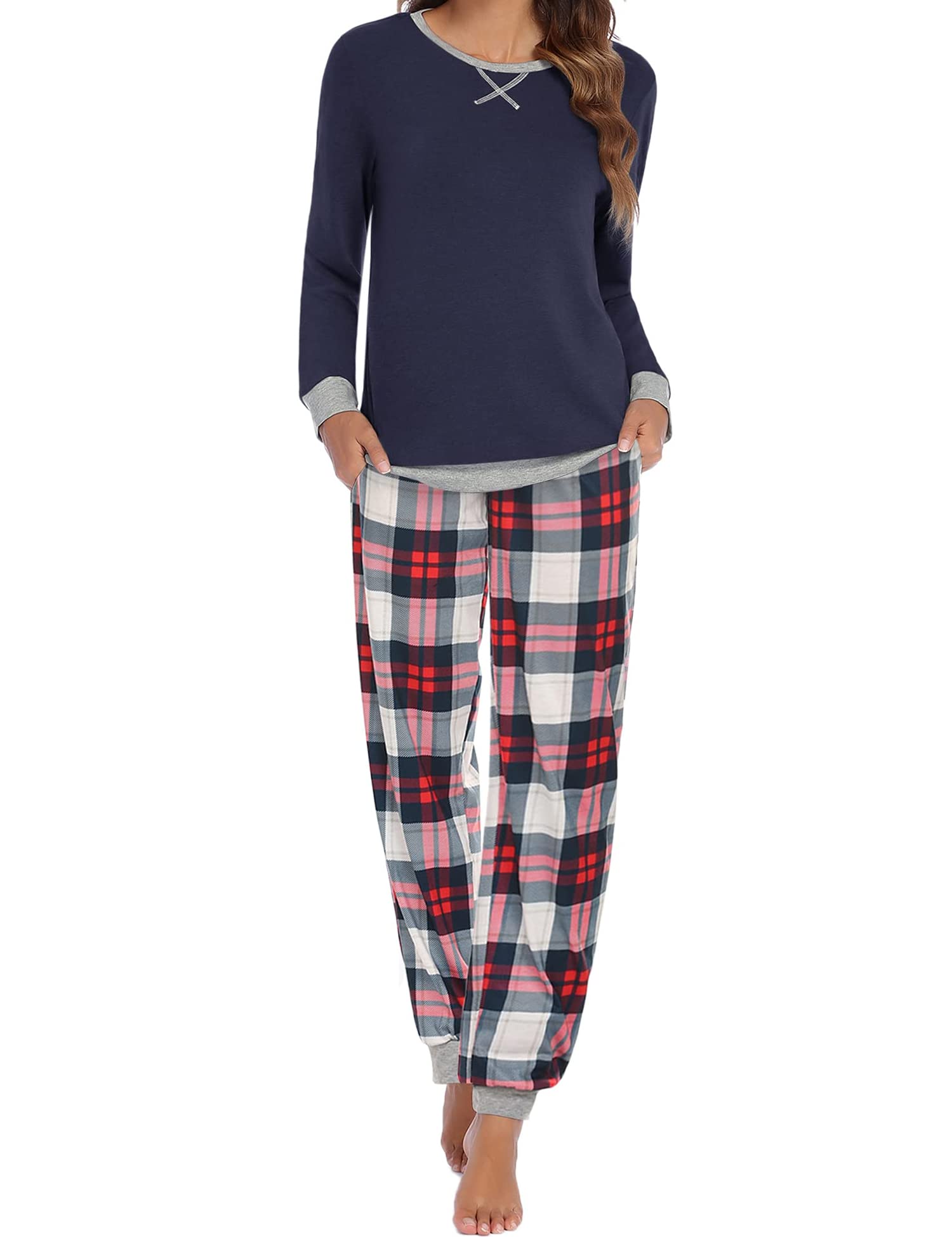 Ekouaer Pigiama Donna Invernale Lungo Set 2 Pezzi Tuta da Casa S-XXL | due tasche, vita elastica con coulisse, bordi a costine caldi, stampa elegante, tessuto morbido e traspirante, taglio casual