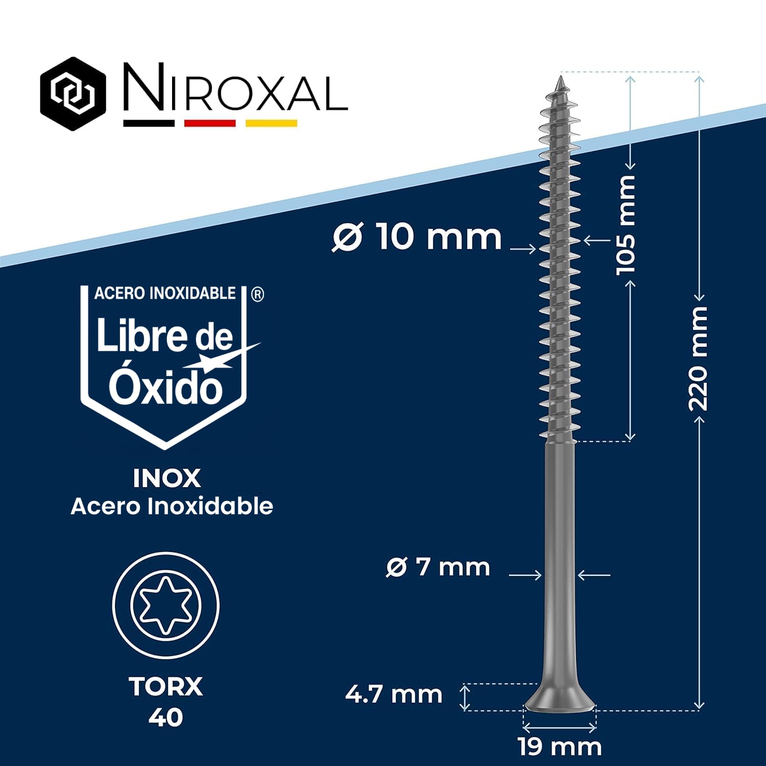 Tornillos para madera de acero inoxidable A2 cabeza avellanada Torx TX40 – Rosca parcial – 10x220 mm – 100 unidades – Tornillos universales para madera
