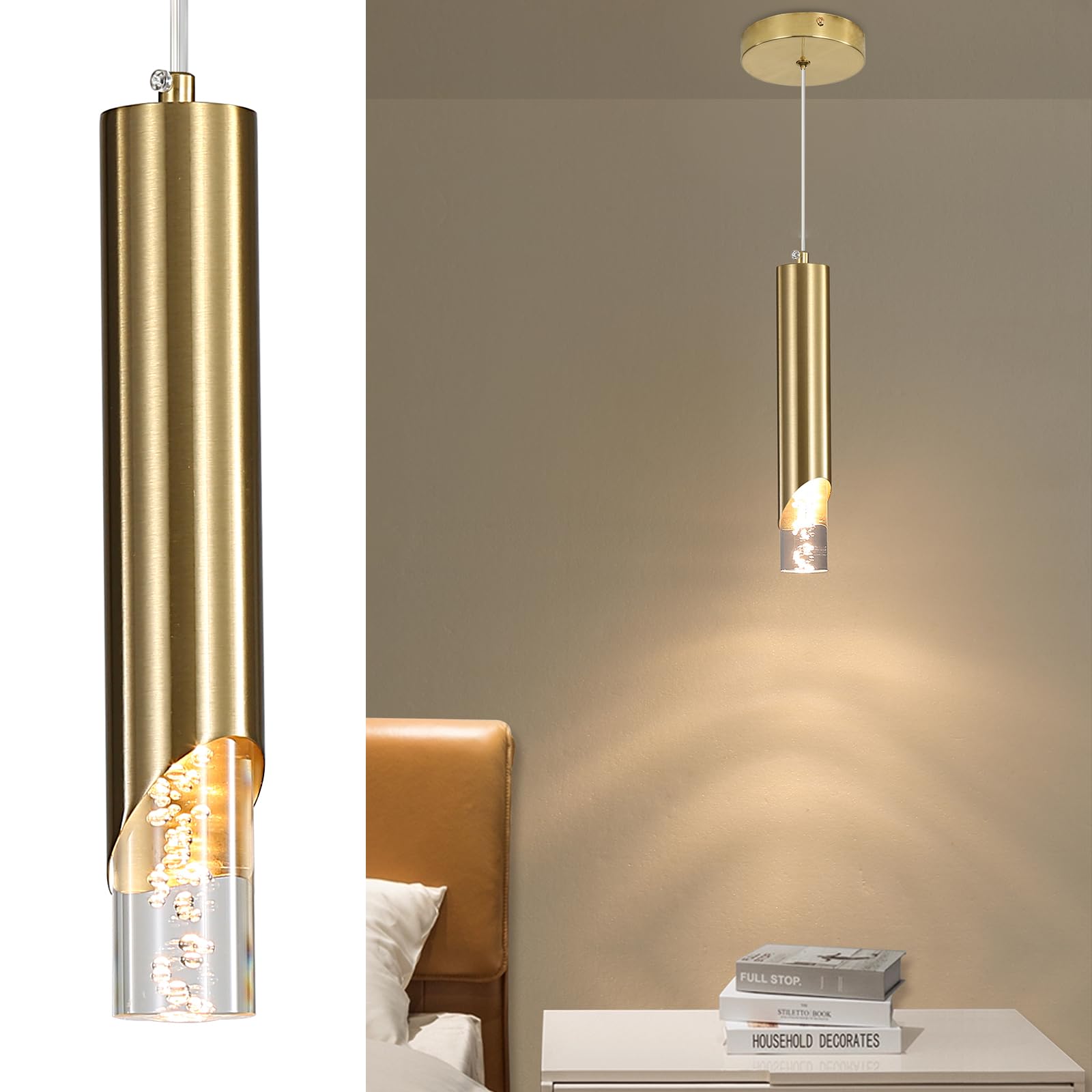 1-Pack Gold Chandelier, Elegant Modern Pendant Light for Dining Room, Living Room, or Kitchen, Adjustable 3-Colour Temperature 3000K/4500K/6500K, Energy Saving A+ Rated