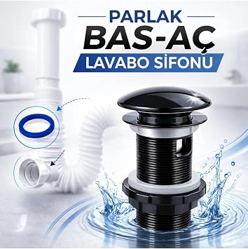 Parlak Siyah Pop-Up Lavabo Gider S zgeci, Pirin   ekirdek, Bas-A  Mekanizma, 6.5 cm, Sifon Borusu Dahil