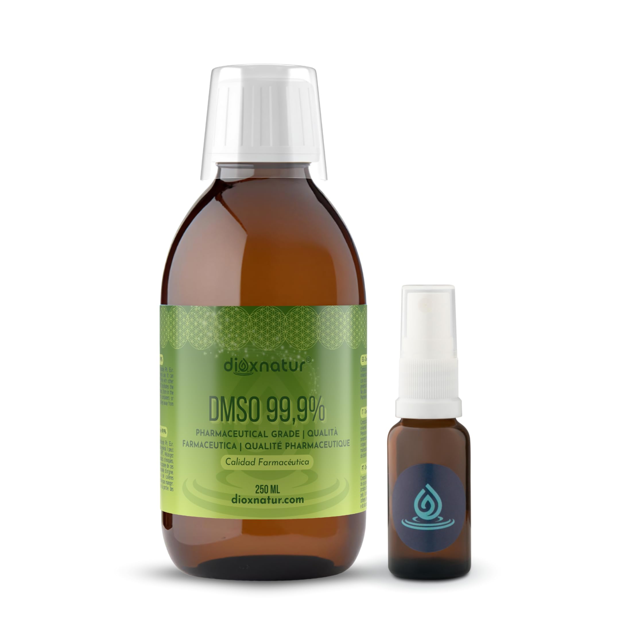 DMSO 99,9% 250ml Dimetilsulfóxido Grado Farmacéutico - Botella + Spray Vaporizador cristal ámbar