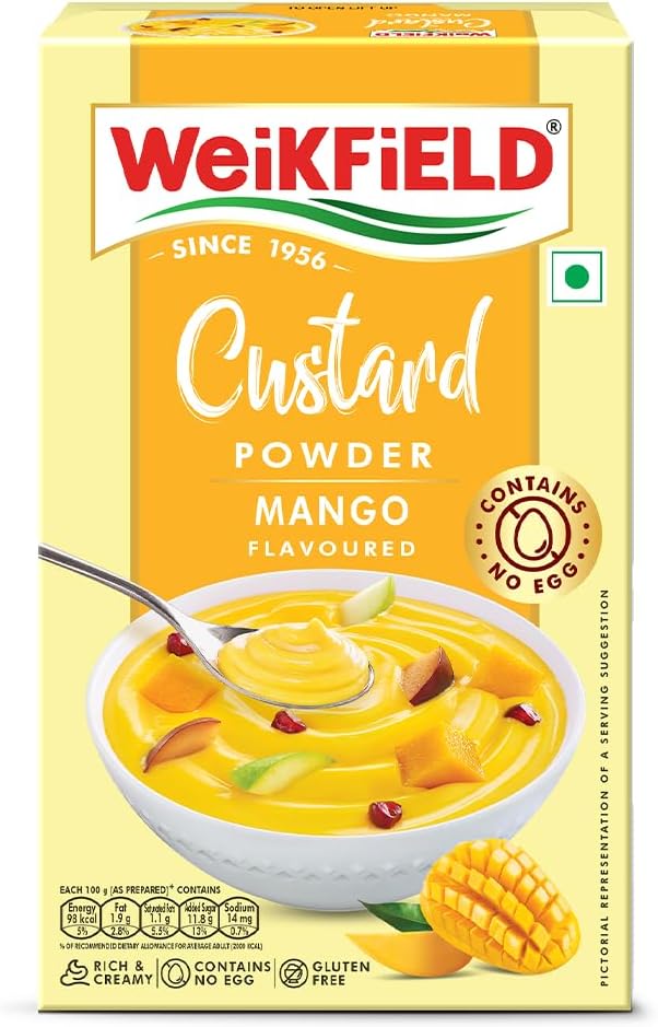 Weikfield Custard Powder | Mango Flavour | Makes Smooth & Creamy Custard | Contains Quality Ingredients | Best For Fruit Salads & Puddings | 100% Vegetarian | 75g Carton