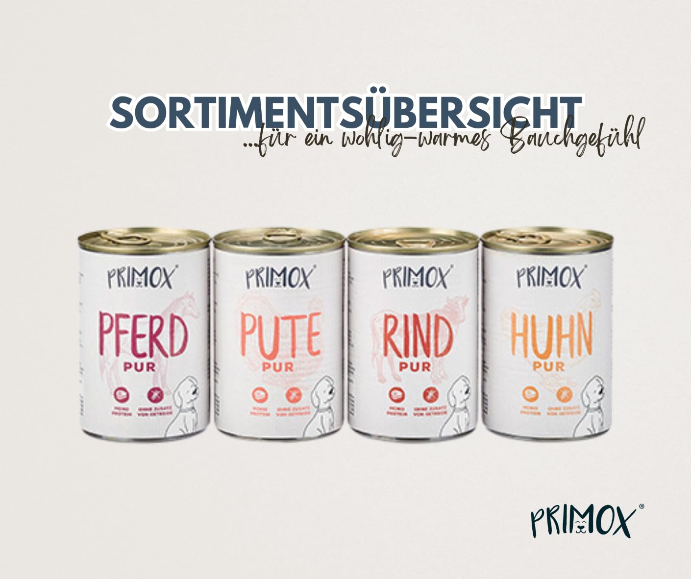PRIMOX Hundefutter nass PUR Mix 1: Rind, Pute, Pferd & Huhn, 24x 400 g - Natürliches Nassfutter mit 70% Fleischanteil - Monoprotein-Quelle ohne Getreide & Zucker - Mit Tierärzten entwickelt