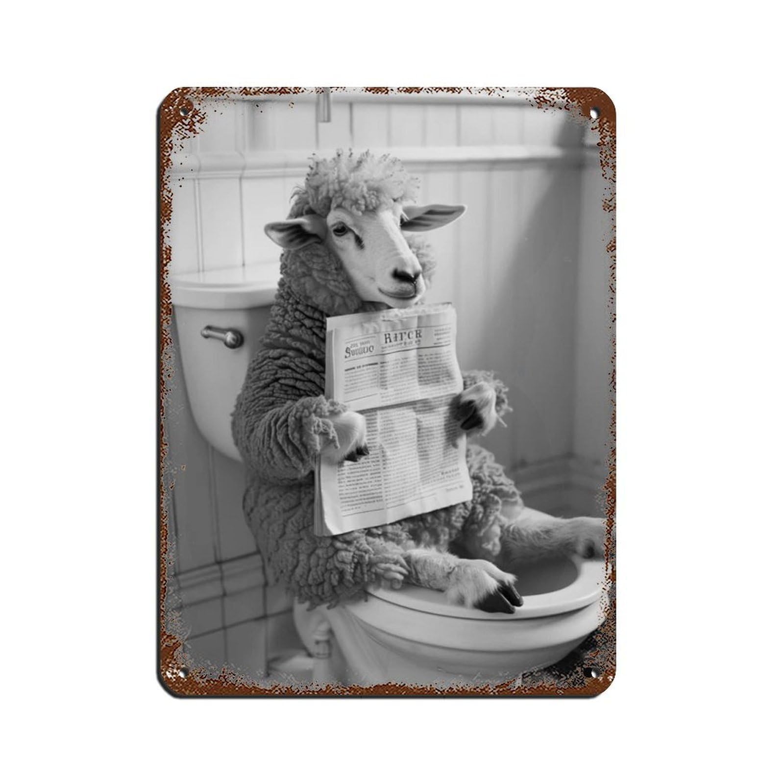 Sheep Sitting on The Toilet Reading A Newspaper (3) Tin Sign Vintage Metal Pub Club Cafe Bar Home Wall Art Decoration Poster Retro 12x16inch(30x40cm)