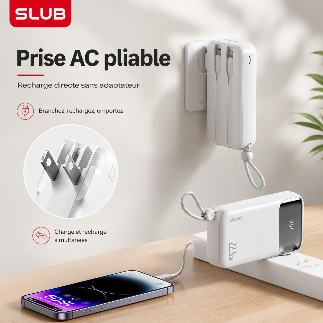 SLUB Batterie Externe 10000mAh 22,5W, Chargeur Portable Compact