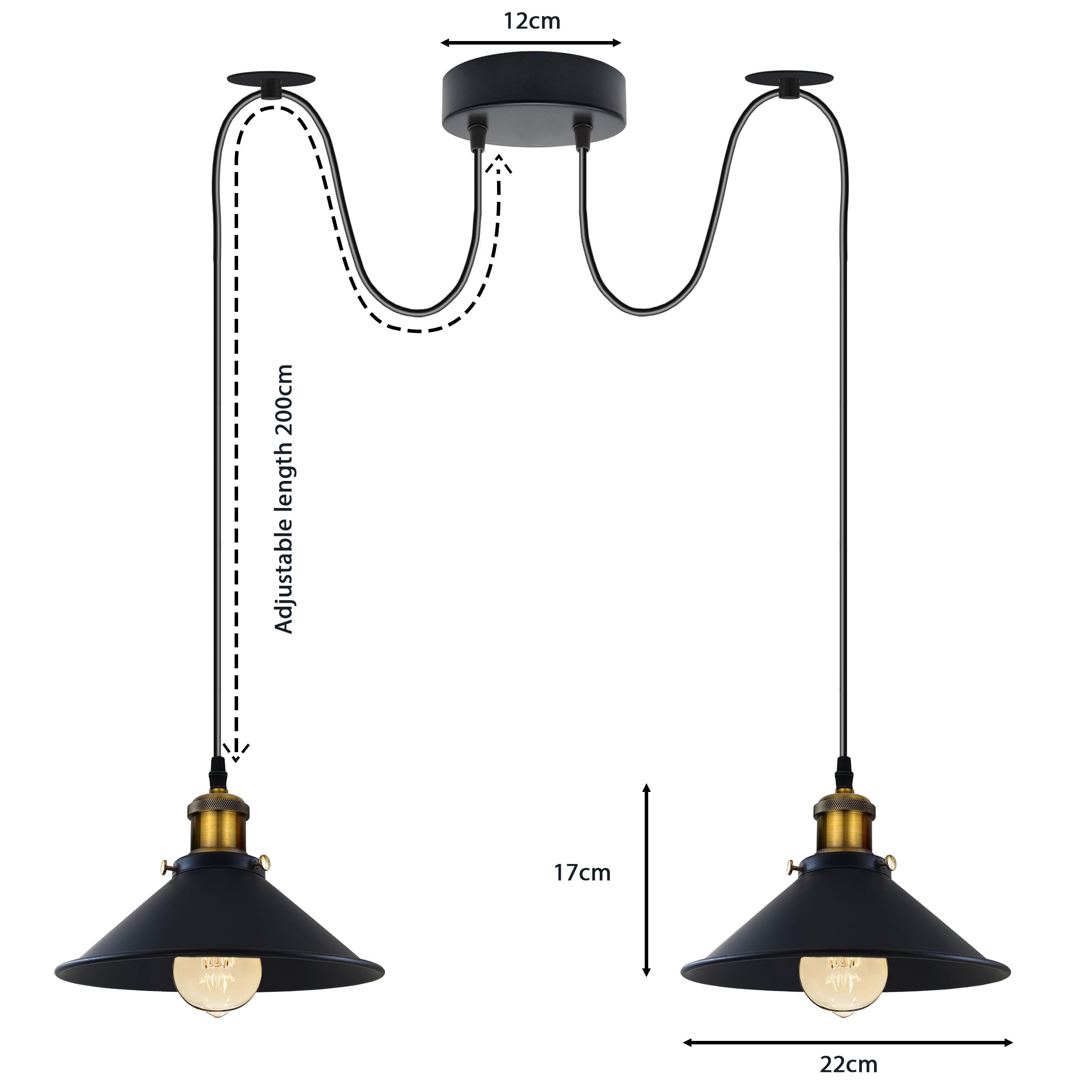 LEDSone Lampada a sospensione industriale doppia, regolabile, a 2 teste, con cavo da 200 cm, attacchi E27, paralumi in metallo per cucina, sala da pranzo, soggiorno, bar, caffetteria (Bianco