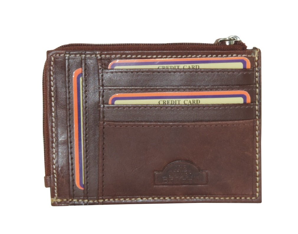 Porta Carte di Credito Uomo porta documenti THE TOWER BRIGHT 100% Vera pelle Sottile con Portamonete a Zip Marrone