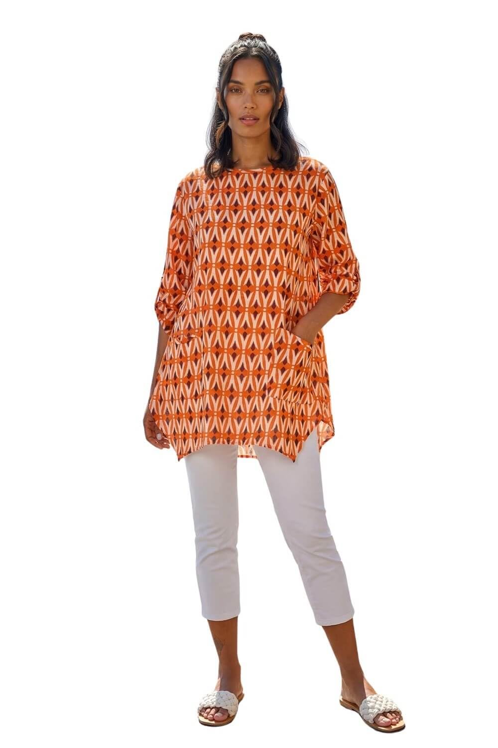 Roman Originals Women's Orange Geometric Pocket Detail Longline Cotton Top For Uk - Everyday Holiday Spring Summer Round Neckline Comfy Soft Evening Vacation Work Party - Size 12