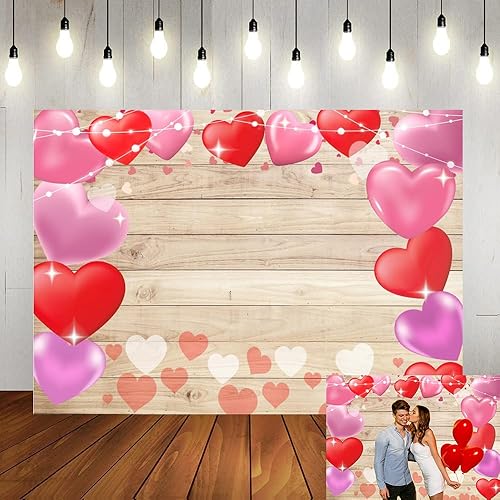 Masxkle Telón de fondo de madera para el día de San Valentín, dulce corazón rojo y rosa, para fotografía, globos coloridos, despedida de soltera,