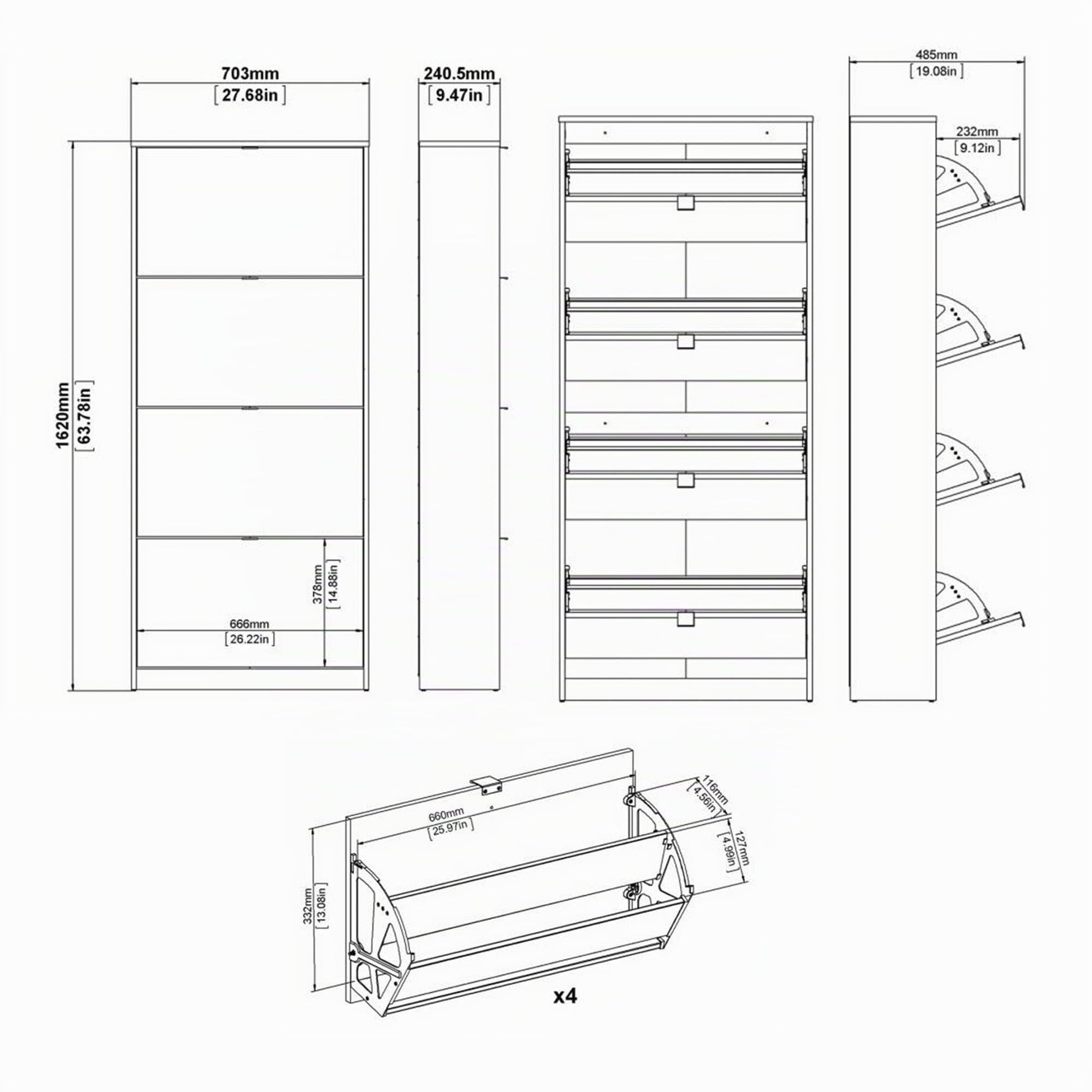 WELL HOME MOBILIARIO & DECORACIÓN Zapatero Abatible Adaja, Mueble Zapatero de 4 Puertas inclinables Color Blanco 71 x 25 x 162 cm