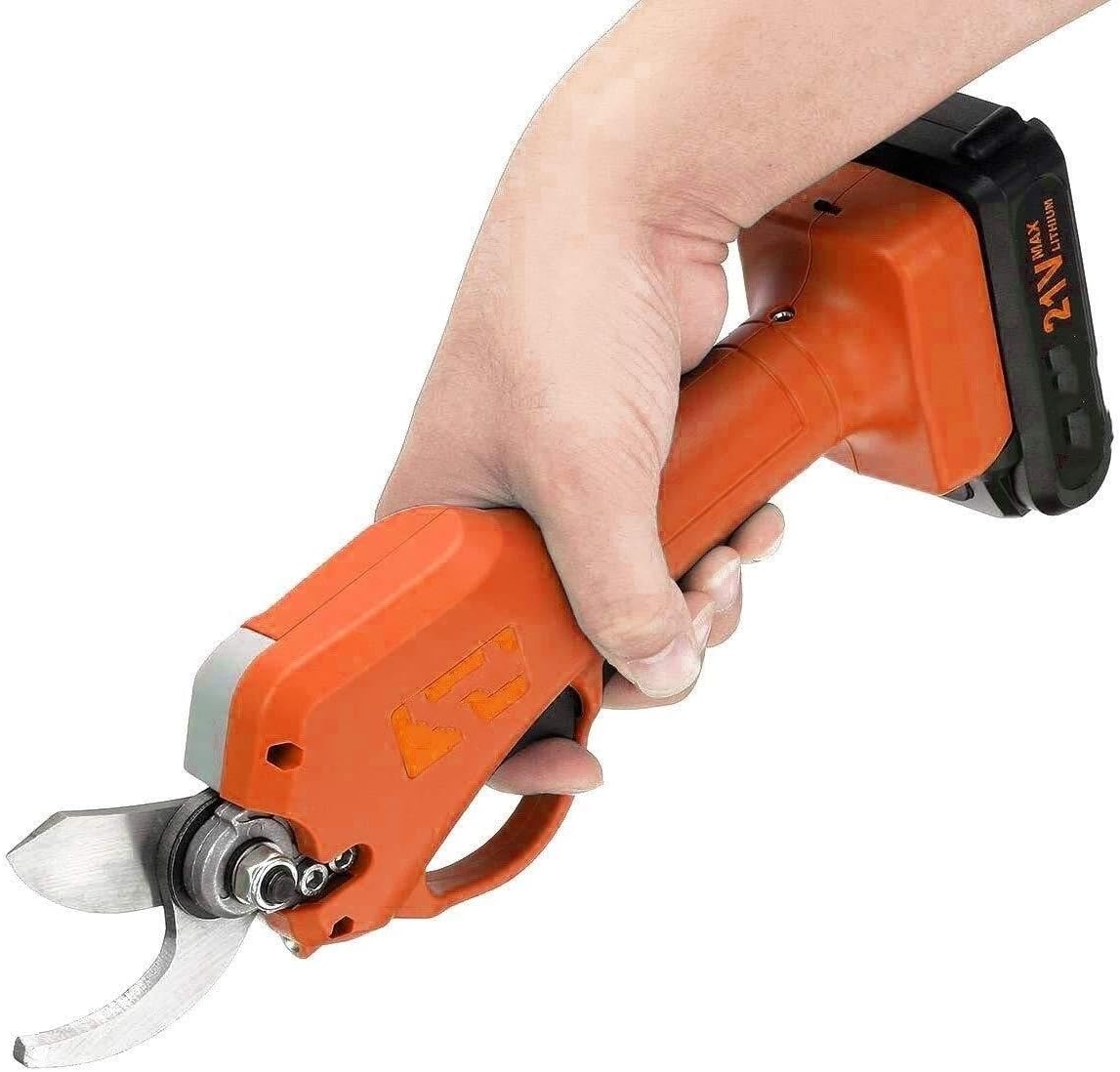 Electric Pruning Shears Cordless Rechargeable Scissors, 40mm Max Cutting Diameter, 21V Li-Ion Battery, Garden Pruners with 1 or 2 Batteries(2xBatteries) (Orange 2xBatteries)