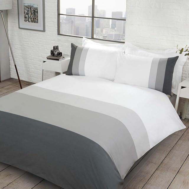 Sleepdown Colour Block Grey Reversible Soft Easy Care Duvet Cover Quilt Bedding Set with Pillowcases - King (220cm x 230cm)