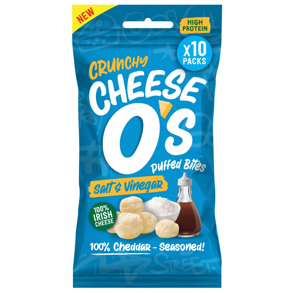 CheeseO'sCrunchy Baked Cheddar Bites - Salt & Vinegar 25g (Pack of 10) - Keto Snacks - 10g Protein - Low Carb - Vegetarian - Gluten Free