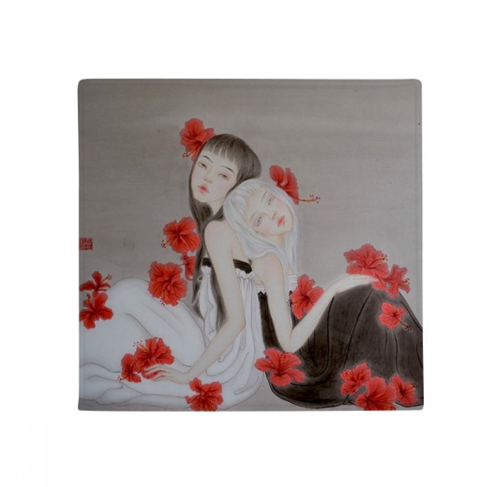 Tapis cadeau original fleur rouge style chinois 60x60cm pour entrée et salon