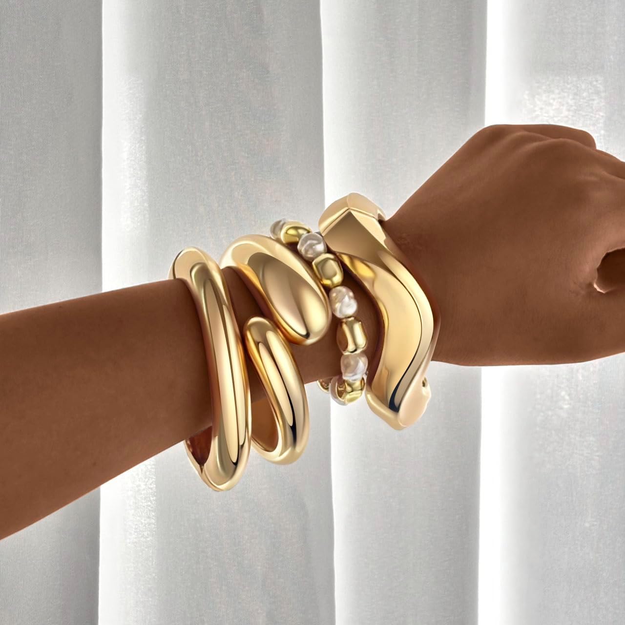 MOZAKA 4PCS Chunky Gold Bangle Bracelets for Women Trendy Wide Wrist Cuff Bracelets Stack Statement Bangle Fashion Jewelry Gift - Image 3