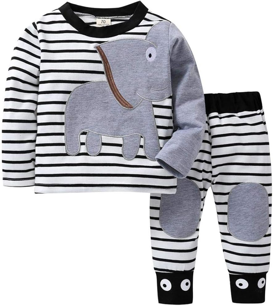 MoonkerInfant Baby Toddler Boy Girl Fall Winter Clothes Outfit 0-2 Years Old,2Pcs Elephant Striped T-Shirt Top Pants Set