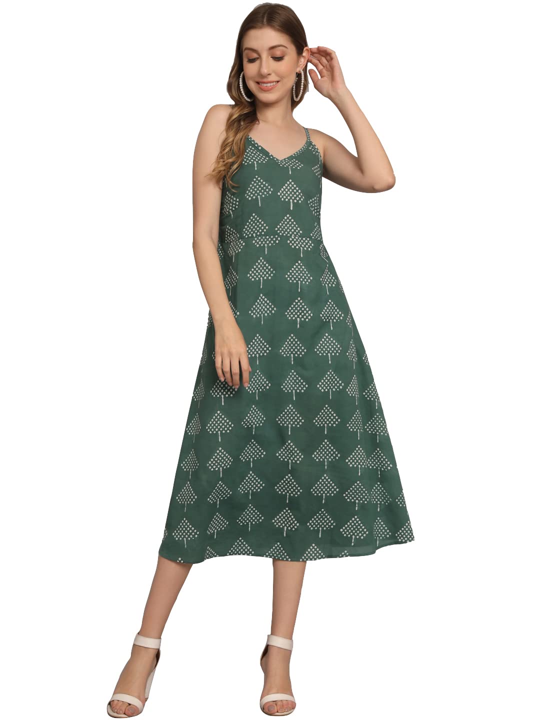 Peppyzone Women's Handblock Printed Sleeveless Shoulder Strip Cami Dress (M, Slate Grey)