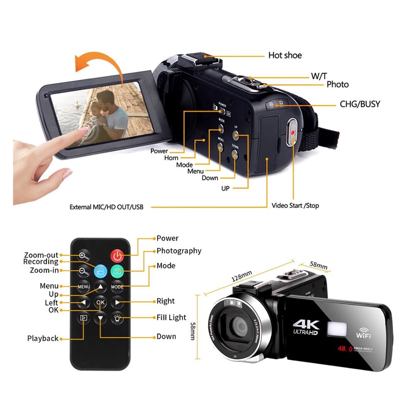 Videocamera, Videocamera 4K 4 8MP. video digitale for registratore vlog WI-FI da touch screen di camme notte(32GB SD Card,Cam Mic)